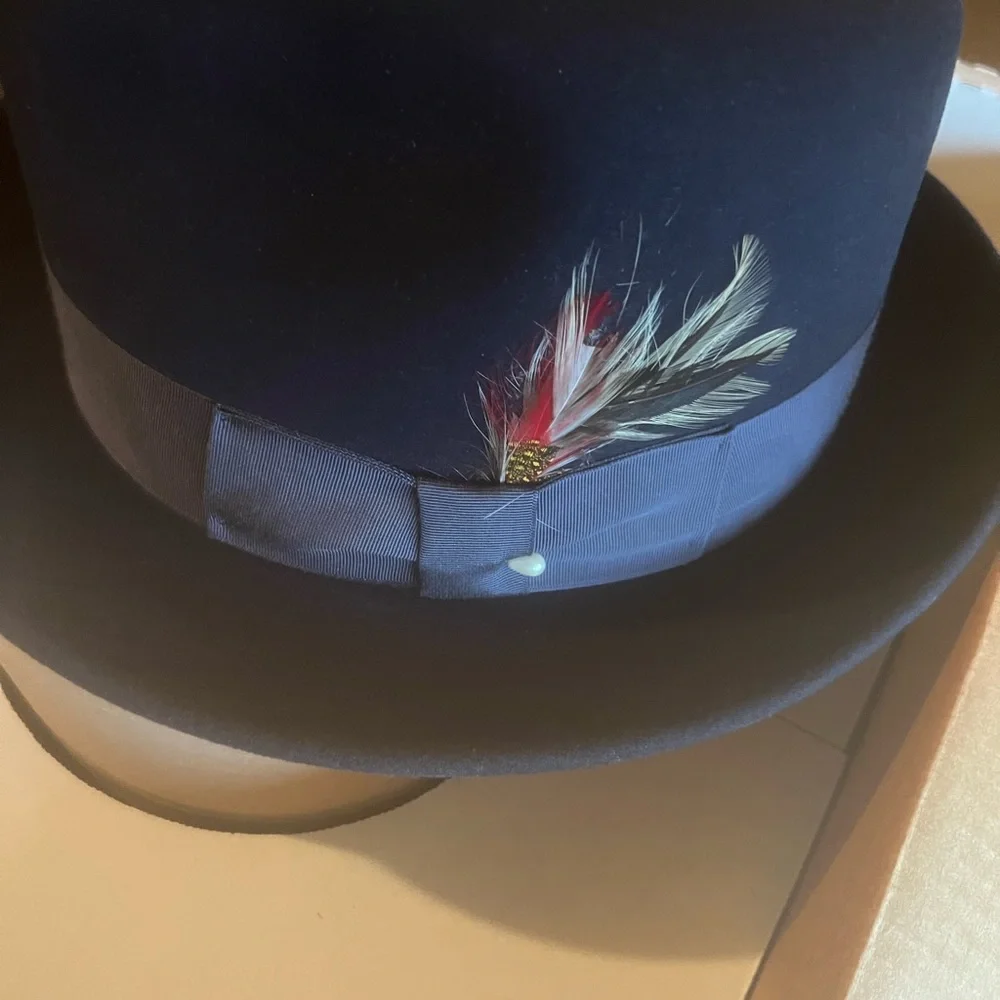 BLACK FRIDAY SALE-Men’s Blue Wool dress hat with satin ribbon and feather - Picture 9 of 9